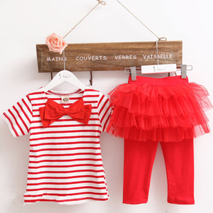 Wholesale Two Piece Set Children Clothing Casual Short Striped T-Shirt and Leggings With Skirt Suit for <b>Kids</b> Girls - Product Image 2