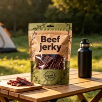 Sachet Doypack Personnalisé en Papier Kraft pour Emballage de Bœuf Séché, avec Fermeture Zip Refermable, Fenêtre Transparente et Trou de Suspension, Qualité Alimentaire