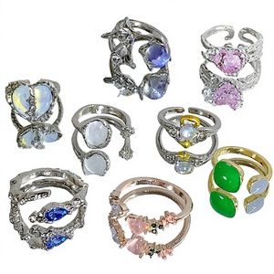 Vintage Y2K Opal Stainless Steel <b>Rings</b> <b>Set</b> Geometric Heart Open <b>Ring</b> Silver Plated Crystal Jewelry for <b>Women</b> Party Gift BEST - Product Image 3