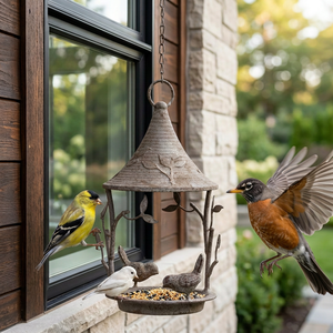 Ak Brass Wilderness Lantern Style Acabado recubierto en polvo y dos pequeños pájaros comiendo Metal Birds Feeder - Product Image 1