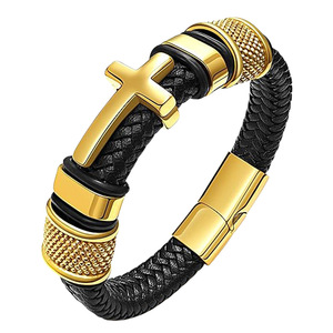 Bracciale da uomo retrò <span class=keywords><strong>in</strong></span> acciaio inossidabile a forma di croce con chiusura magnetica artigianale, cinturino <span class=keywords><strong>in</strong></span> <span class=keywords><strong>pelle</strong></span> alla moda, accessorio di tendenza - Product Image 4