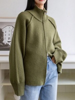 Damen-Strickjacke im koreanischen Stil für den Herbst, dick, mit langen Ärmeln, einfarbig, Stehkragen, Reißverschluss
