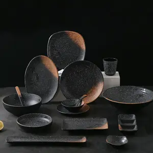 Wholesale Black Matte Dinner Set Japanese Restaurant Unbreakable Plastic Melamine Dinnerware Set Plate Dish Bowl Cup Spoon