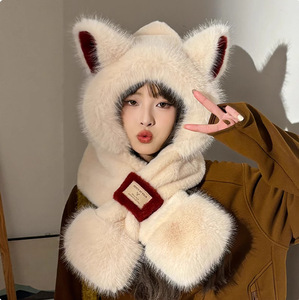 Stile coreano Jacquard peluche volpe cappello All-In-One donna autunno inverno ciclismo caldo due pezzi Set <span class=keywords><strong>Wai</strong></span> con cappuccio - Product Image 3