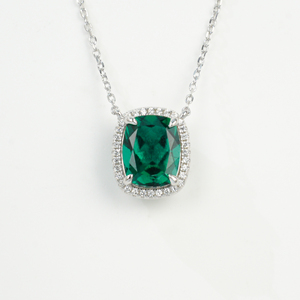 925 Sterling Silver Cushion Cut Lab Created <b>Emerald</b> <b>Pendant</b> Necklace, Halo with Diamond Accents Fine Jewelry for Women - Product Image 1