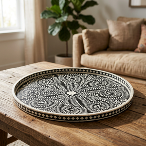Hot Selling Antique Round Bone Inlay Eco-Friendly Wood Serving <b>Tray</b> for <b>Kitchen</b> Home Hotel Catering with Indian Design Food - Product Image 1