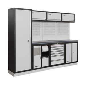 Meuble d'atelier modulaire Fervi A008G en acier, établi à 3 niveaux avec panneau perforé et rangement pour outils, revêtement noir en poudre - Product Image 1