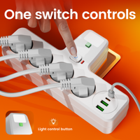 Multiprise ODM/OEM EU 9-en-1 Schuko avec 4 prises CA, 2 USB-A, 2 USB-C, veilleuse et protection contre les surcharges et les surtensions pour salon