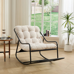 Silla mecedora para exteriores con cojín suave y grueso, marco negro, cojín blanco, para sala de estar, dormitorio, sala de lectura - Product Image 2