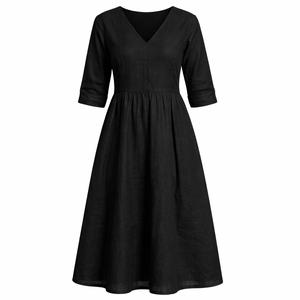 Abito Midi da Donna Personalizzato in Misto Lino e Cotone Nero con Scollo a V, Maniche con Polsino, Vita Aderente e Gonna Svasata – Abbigliamento Casual e da Festa - Product Image 2
