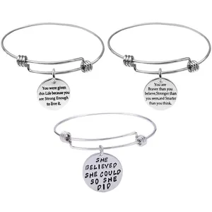 Mensagem gravada palavras inspiradas ajustável aço inoxidável Motivational Bangle Bracelet