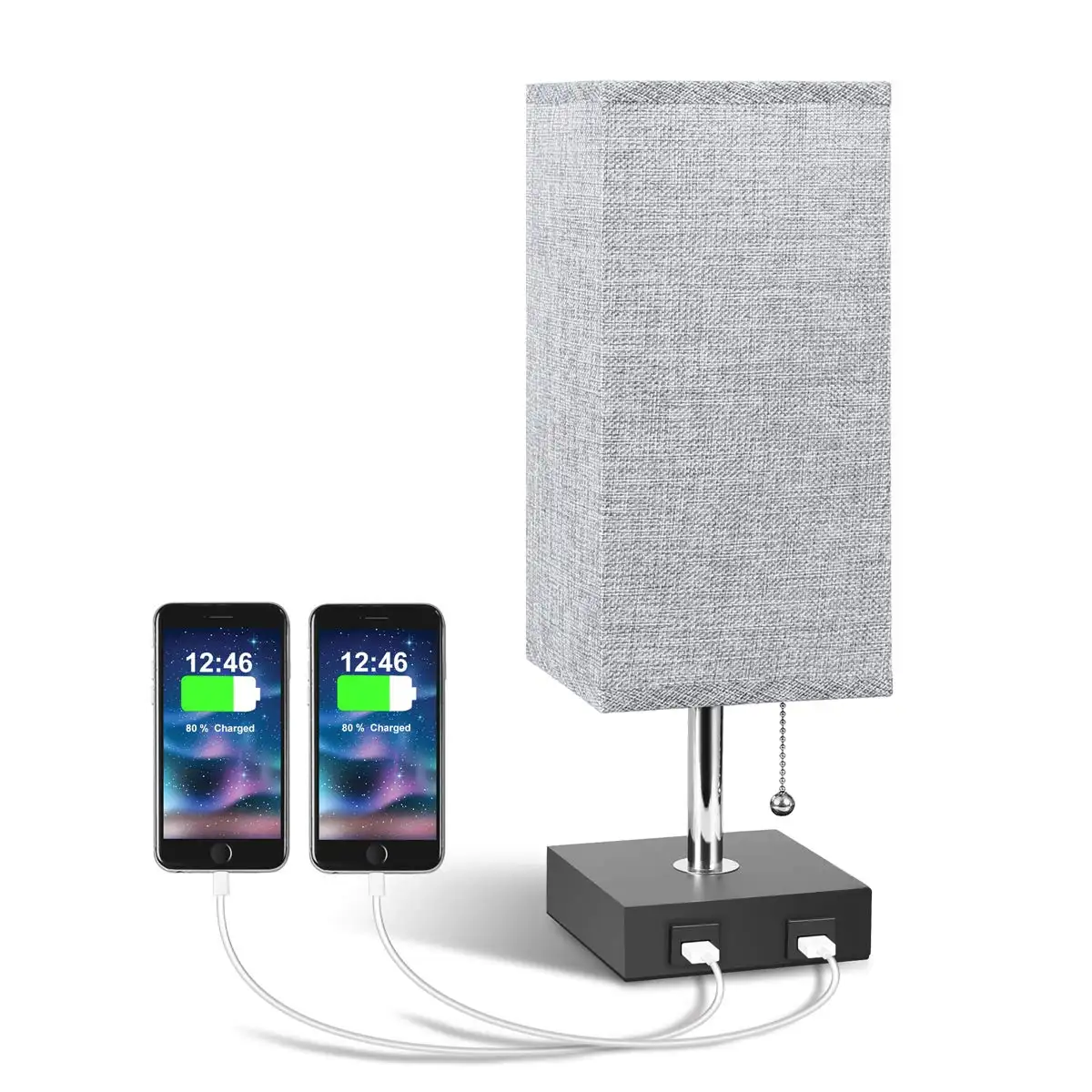 USB Bedside Table Lamp Modern Table Bedside Lamp with 2 Useful USB Quick Charging Port 2 AC PLUGGrey Square Fabric Shade & Bed