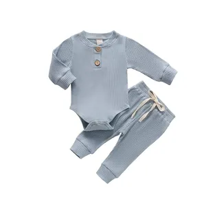 Newborn Baby Boy Girl Clothes Ribbed Knitted Cotton Long Sleeve Romper Long Pants Solid Color Fall Winter Outfits