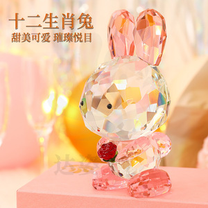 Ornement du zodiaque en forme de lapin en cristal rose avec rose rouge, cadeau de la Saint-Valentin, décoration créative - Product Image 5