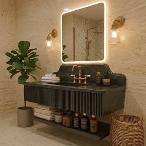 Meuble-lavabo flottant de luxe en marbre Nero Marquina avec vasque intégrée, façade cannelée, armoire de salle de bain personnalisée en pierre, durable et écologique - Product Image 1