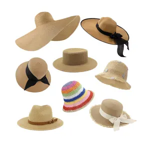 LEMENG NEW ARRIVER Wholesale lady boater Sun hat Flat top straw beach hat round summer sun panama hat women bohemian