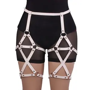 Wanita seksi garter kulit goth dapat disesuaikan selempang hitam pakaian rave erotis sabuk pinggang Lingerie sabuk paha garter