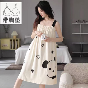Chemise de nuit d'été pour femmes, avec coussinets de soutien-gorge, longueur moyenne, en soie de lait, style princesse, design de dessin animé, pour jeunes femmes - Product Image 3