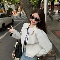 Model Baru Jaket Bomber Bergaris Dua Sisi Tipis Musim Semi Kerah Lipat Lengan Panjang Longgar Pendek Wanita