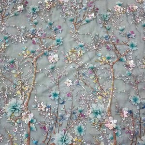 Erkoumiroyal 3d dentelle tissu fleur luxe perlé bleu dentelle tissu garnitures broderie maille pour robes de mariée vêtements - Product Image 3