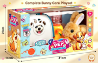 Jouet de simulation de transporteur d'animaux, lapin en peluche électronique qui marche avec mini distributeur de nourriture et d'eau, ensemble de jeu de rôle pour enfants sur l'entretien des animaux