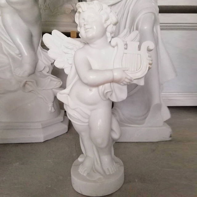 Hand Carved Natural White Marble Cherub Angel Statue With Harp Winged Baby Angel Stone Sculpture for Villa Garden
