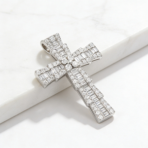CUSTOM SILVER 10K/14K/18K GOLD PLATED LAB GROWN CVD DIAMOND CLASSIC ENGAGEMENT GIFT SWEATER <b>CHAIN</b> NECKLACE <b>CROSS</b> PENDANT VS - Product Image 3