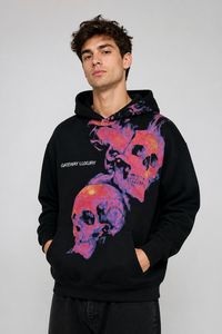 <span class=keywords><strong>Felpa</strong></span> con Cappuccio Oversize Nera da Uomo con Grafica Tripla Teschio e Fiamma, Stampa Gateway Rosa Viola Arancione, Tasca a Canguro, Stile Streetwear - Product Image 4