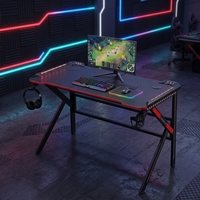 Bureau de jeu pour ordinateur moderne en métal noir en forme de K avec éclairage LED RGB pour ordinateur portable/PC et crochets pour casque