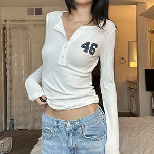 Digital printed half-<b>button</b> round neck slim-fitting simple <b>long</b>-<b>sleeved</b> <b>T</b>-<b>shirt</b> paired <b>with</b> a casual top - Product Image 4