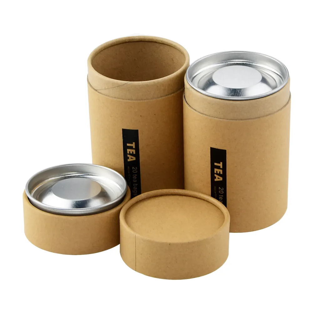 Custom Printing Kraft Paper Cardboard Tea Cans Container Packaging Cylinder Box Coffee Beans Paper Tube with Metal Lid Closure