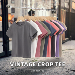T-shirt court délavé à l'acide pour femme, 100 % coton, col rond vintage, manches courtes, tee-shirt d'été - Product Image 2
