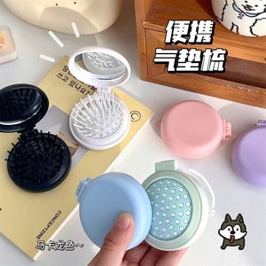 Foldable Compact Hairbrush With Mirror Round Plastic Mini Portable Hair <b>Smooth</b> <b>Brush</b> For Travel And Daily Use - Product Image 3