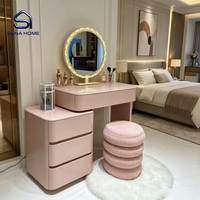 Ensemble de coiffeuse rose brillant avec miroir à LED à volants et armoire à 3 tiroirs