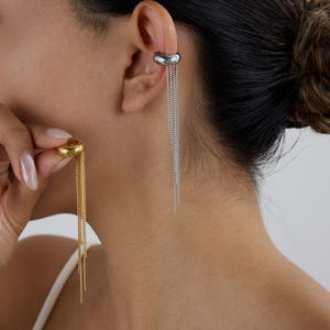 Nuovi Orecchini di Tendenza a Polsino con Catena Pendente in Acciaio Inossidabile, Orecchini a Clip a Cerchio <span class=keywords><strong>Tondo</strong></span> Senza Fori con Lunga Catena a Nappa Pendente da Donna - Product Image 3