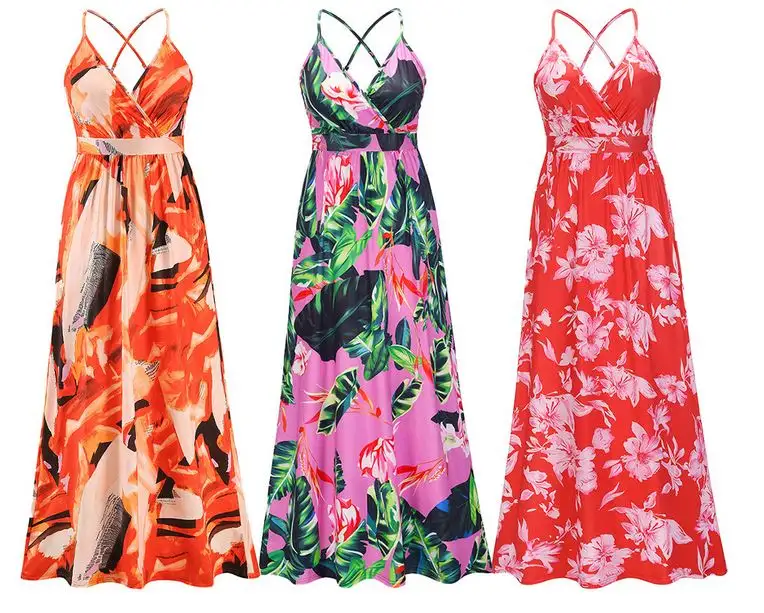 Women Boho cross back strap Dress Floral Print Casual V neck wrap Sundress Ladies Loose Maxi Beach Dress for Woman