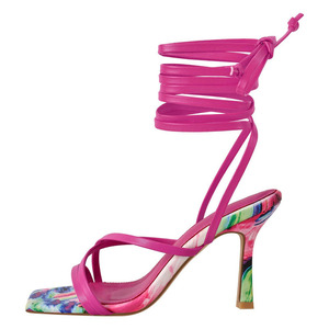 Sandales à talons hauts pour femme, grande taille 46, imprimé multicolore, bout ouvert, à bride cheville, à lacets croisés, coupe large - Product Image 4