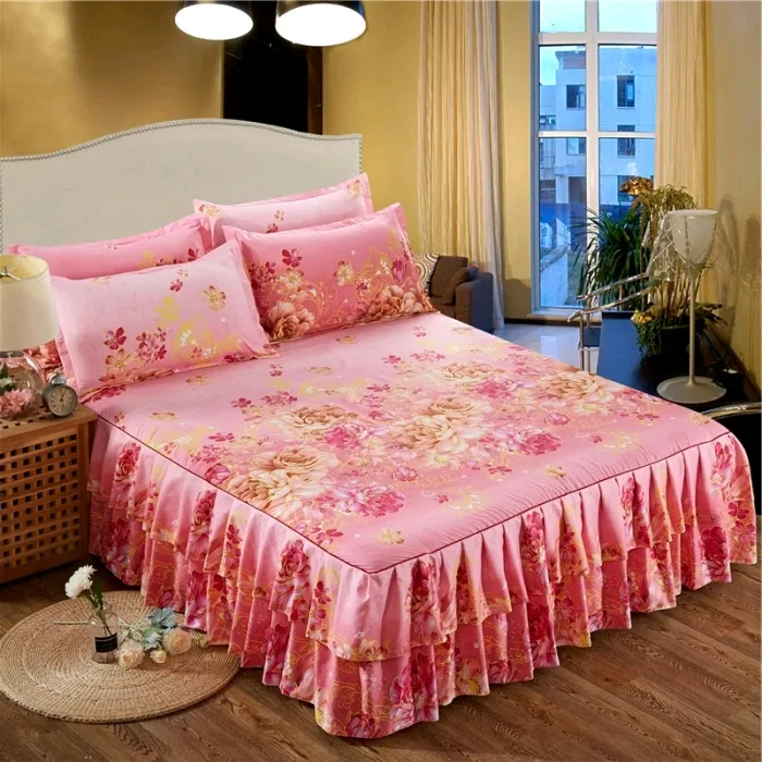 Juego de cama con estampado de 3 uds., falda de cama suave, colcha de boda, Sábana doble tamaño King, Funda de colchón, sábanas