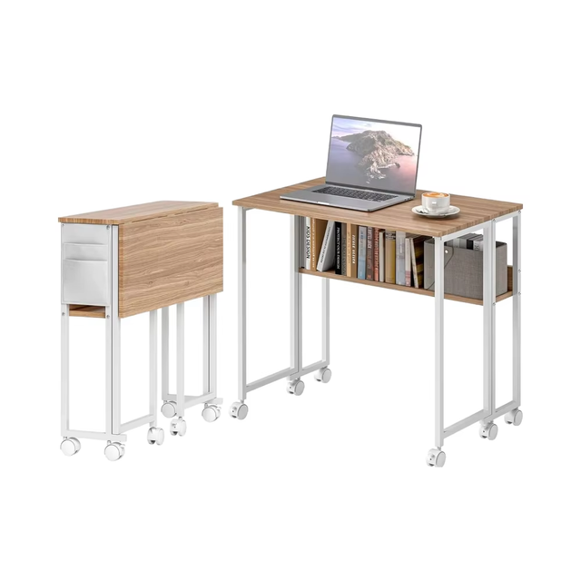 Modern Small Rolling Desk Rack Computer Desk with Wheels Portable Writing Table Home Office Study Mobile Folding Table Stand