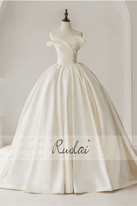 Ruolai ZD05150 Satén festoneado Escote asimétrico Vestido de baile Vestido de novia <span class=keywords><strong>civil</strong></span> para novia con tren Catedral - Product Image 3