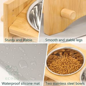 Bambou Chien Bol D'eau En Acier Inoxydable Anti-Déversement Nourriture Pour Animaux Mangeoire Pour Chat Surélevé Stand Personnalisé De Luxe - Product Image 3