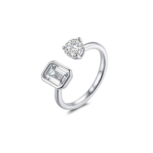 Anillo Abierto Ajustable para Mujer, Diseño Minimalista, Plata de Ley S925, Doble Piedra de Moissanita Cuadrada y Redonda, Artículo Popular Coreano 2026 - Product Image 1