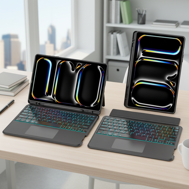 Compatible iPad Pro 11" M4/M5 Case with Ultra Thin Wireless 360 Rotatable Full Size RGB Backlit Split Keyboard and Touch Panel