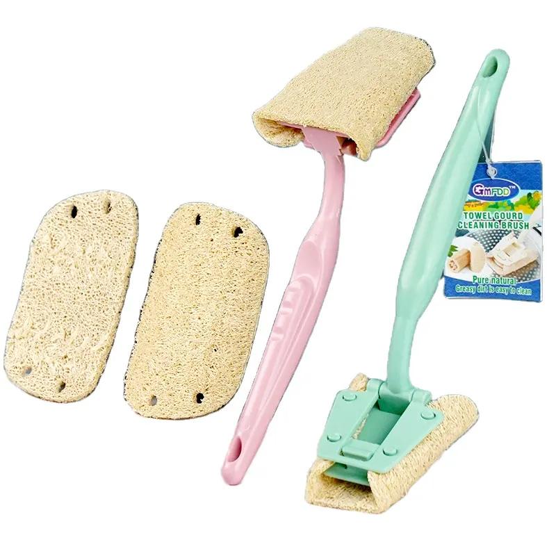 Natural Loofah brush with handle Dish washing Scrub Kitchen Loofah Sponge Scourer Kitchen cleaning supplies