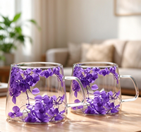 Tasse à café en verre double couche, design artistique moderne, avec fleurs séchées et véritables, effet sable mouvant, haute valeur esthétique