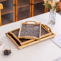 Plateau en bambou écologique et durable avec pieds de support, motif floral de vigne, incrustation en cuir, base en panneau composite pour la maison, le café et le restaurant