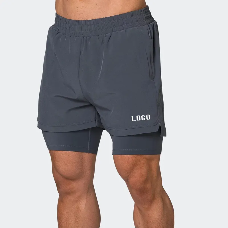 Celana pendek olahraga pria, celana pendek latihan lari dua potong, celana Gym 2 dalam 1 dengan celana pendek kompresi