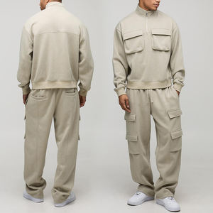 กางเกงคาร์โก้ซิปหน้าผ่าครึ่งตัวสำหรับผู้ชายขายส่ง KIingSen พร้อมเสื้อฮู้ดผ้าฟลีซหนานุ่มระบายอากาศได้ดี 480 กรัม สไตล์สตรีทแวร์แบบต่อผ้า - Product Image 2