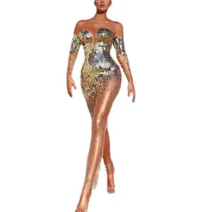 Hot Sales Women Gold Sequins Long Tail Evening Dress Fashion Casual Elegant Slim Banquet Temperament Dress