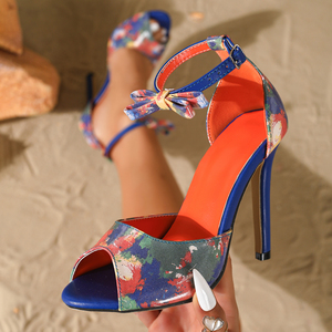 Nouvelles sandales à talons hauts pour femmes, style français, imprimé nœud, talons aiguilles, bout ouvert, bride unique, chaussures féminines tendance - Product Image 1